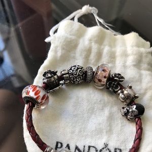 Pandora Jewelry - Pandora leather bracelet with 6charms 3spacers Pandora Jewelry - Pandora leather bracelet with 6charms 3spacers